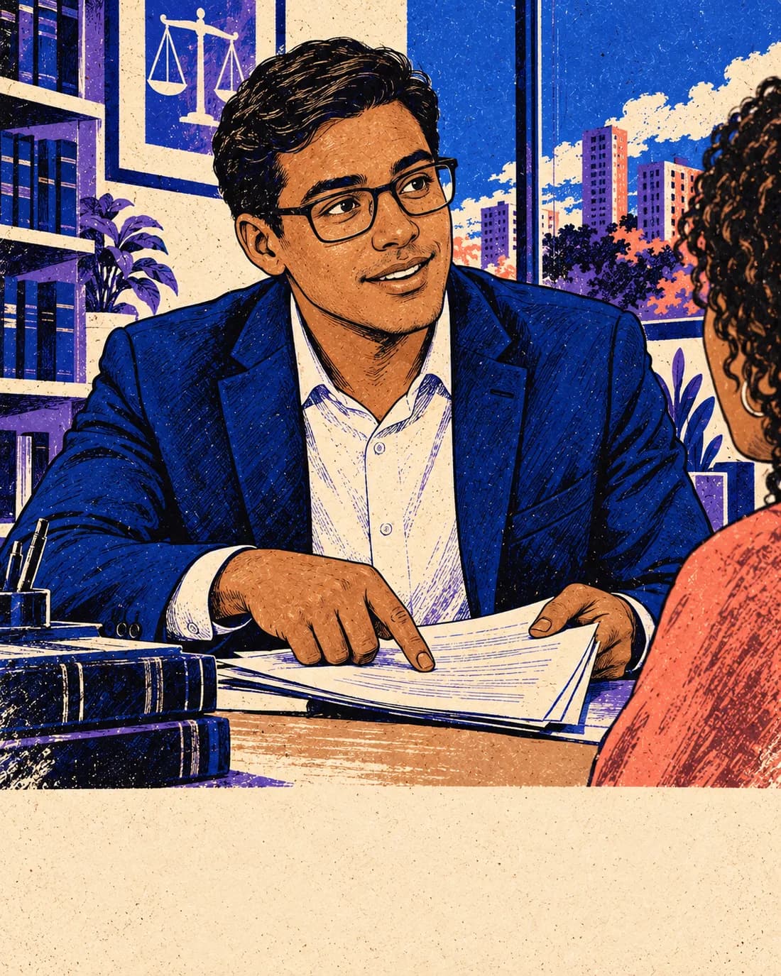 Ilustração de um advogado orientando uma cliente sobre documentos