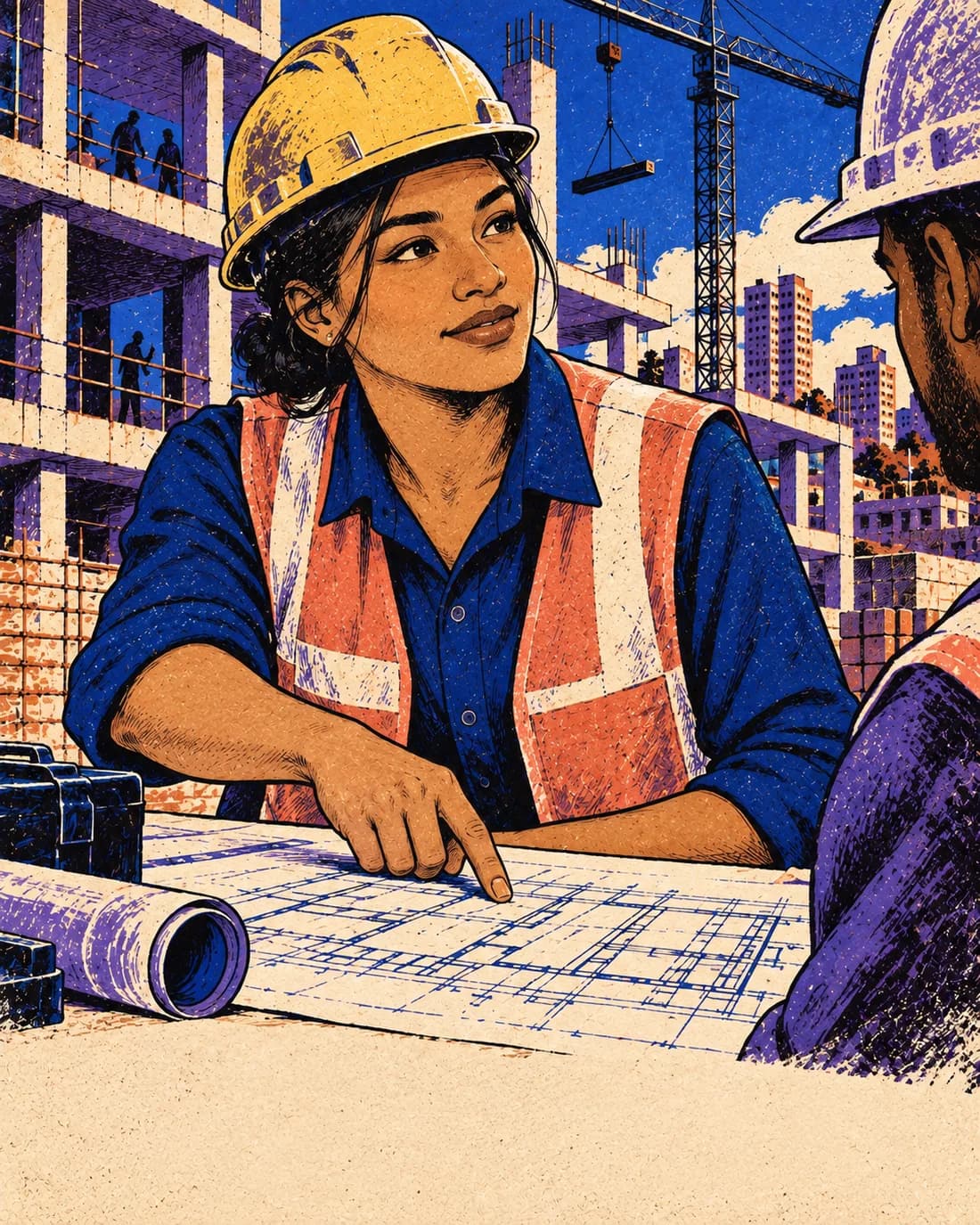 Ilustração de uma engenheira discutindo uma planta em uma obra