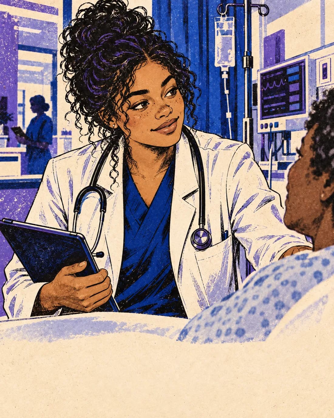 Ilustração de uma médica atendendo uma paciente no hospital