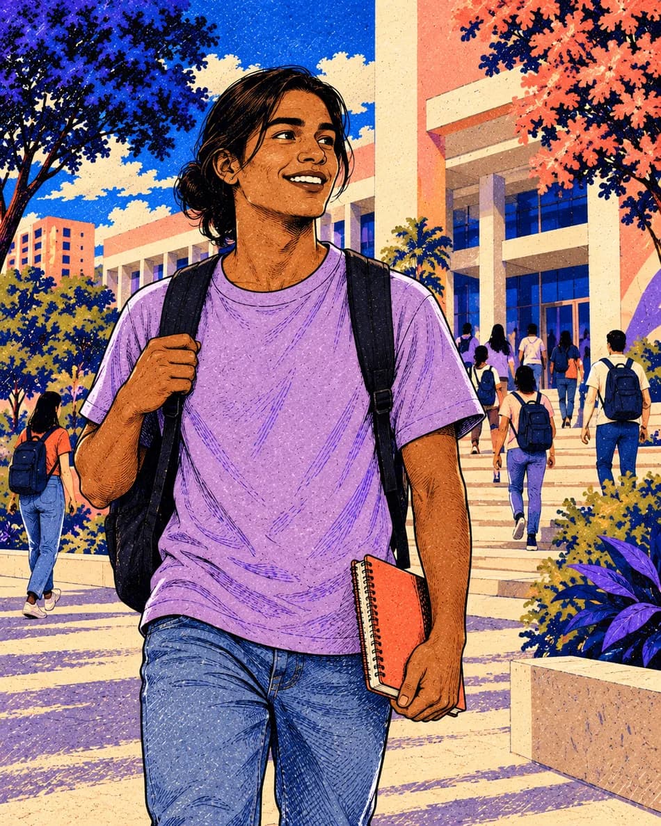 Ilustração de uma jovem com mochila chegando à universidade