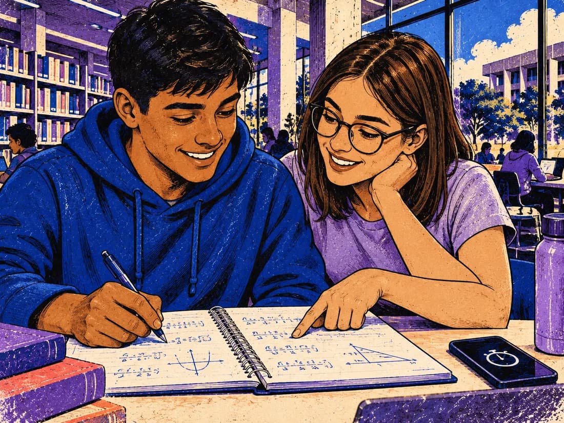 Ilustração de dois jovens brasileiros resolvendo matemática juntos em uma biblioteca