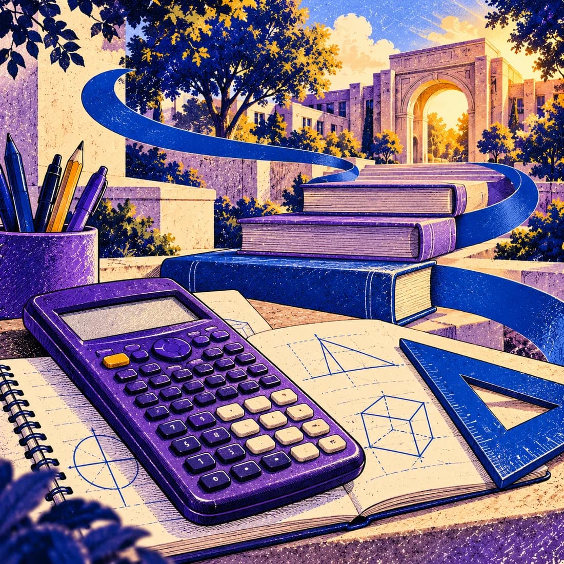 Ilustração de uma calculadora, um caderno e degraus de livros que conduzem a uma universidade, simbolizando o preparo em Matemática